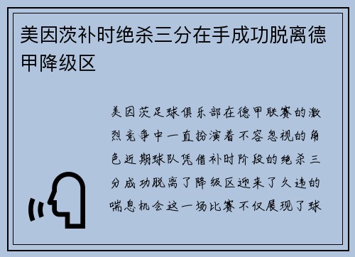 美因茨补时绝杀三分在手成功脱离德甲降级区