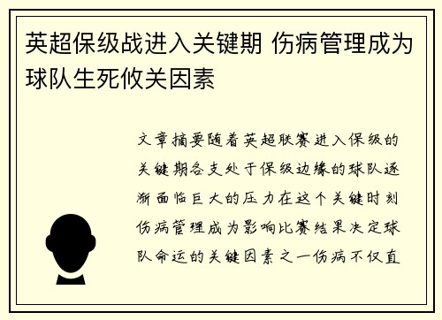 英超保级战进入关键期 伤病管理成为球队生死攸关因素
